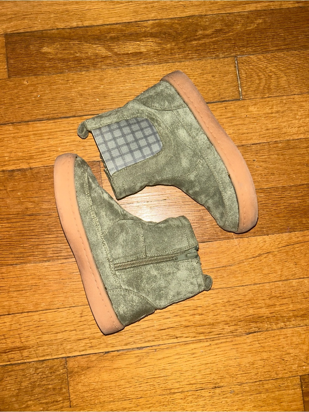 Kids Olive Suede Side-Zip Ankle Boots with Tan Sole